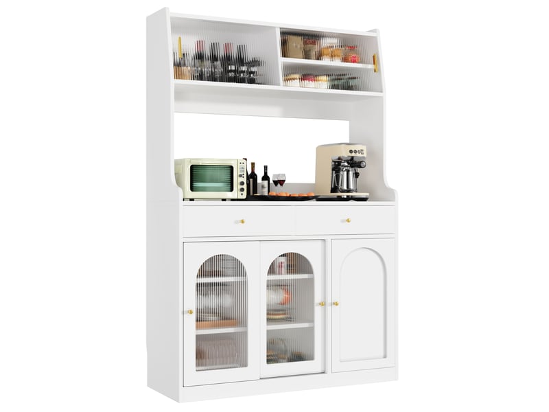  Vaisselier blanc avec éclairage led et portes en verre, buffet de cuisine haut 120x40x180 cm  - Conforama W
