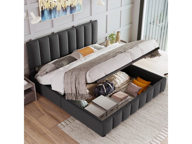  Lit coffre adulte 140 x 200 cm, lit double avec tête de lit réglable, charge 200 kg, revêtement en lin gris, sans matelas  - Conforama W