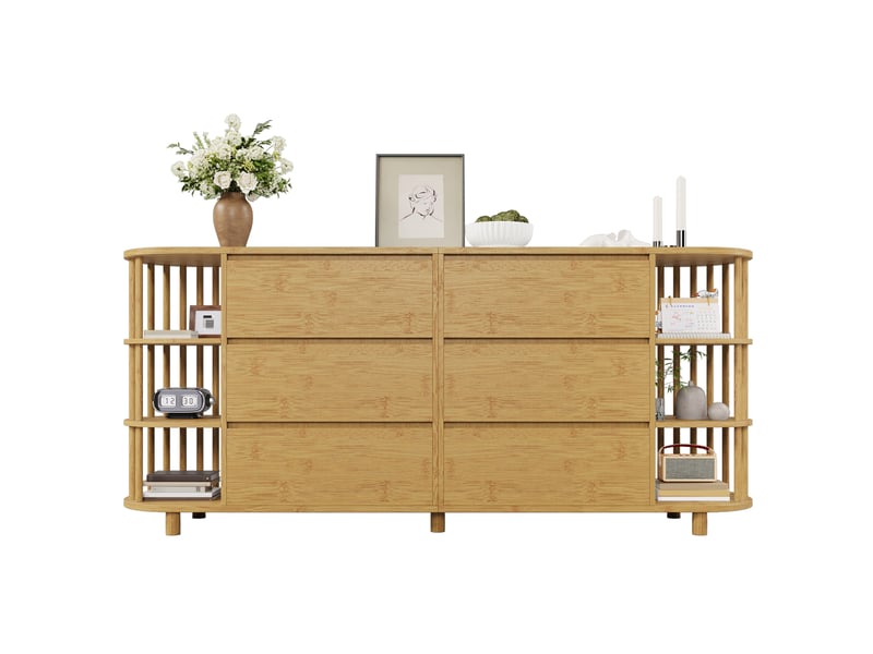 Commode avec 6 tiroirs et étagères ouvertes pour salon en mdf et bambou 160×40×75 cm chêne  - Conforama A