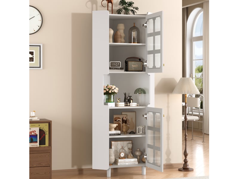  Meuble d'angle vitrine 63,5x157,5 cm, led, espace de rangement, bibliothèque, vitrine salon, pour salon, en mdf, blanc  - Conforama E