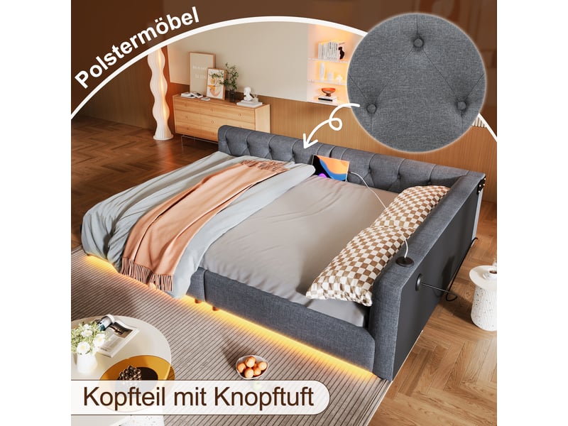  Canapé-lit avec sommier lit de jour 140x200 capitonné gris led usb  - Conforama D