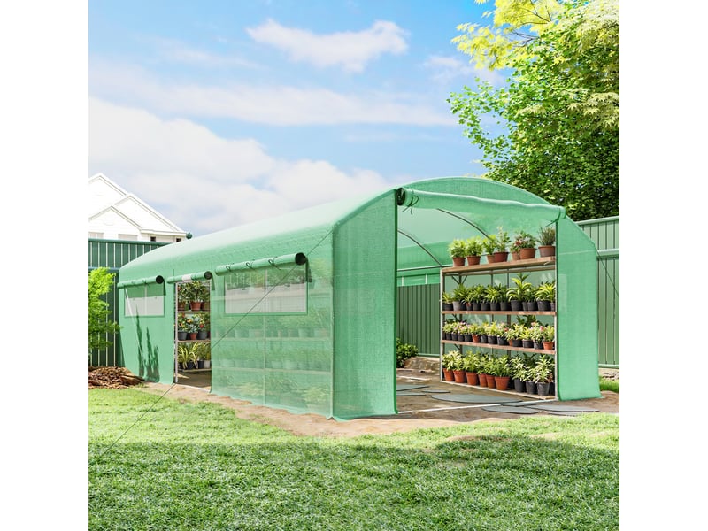  Serre tunnel de 6 x 3 x 2 m avec 3 portes sectionnelles, 6 fenêtres grillagées et structure en acier galvanisé vert  - Conforama D