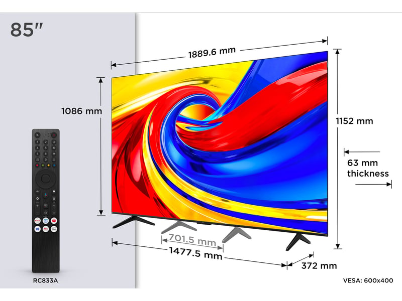  85p7l-tv 85 pouces , 3840 x 2160 pixels, qled, smart tv, wifi, noir  - Conforama D
