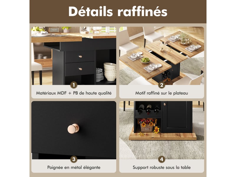  Table extensible avec rangement, tiroir et étagères réglables pour cuisine 110-140×80×75 cm noir naturel  - Conforama C