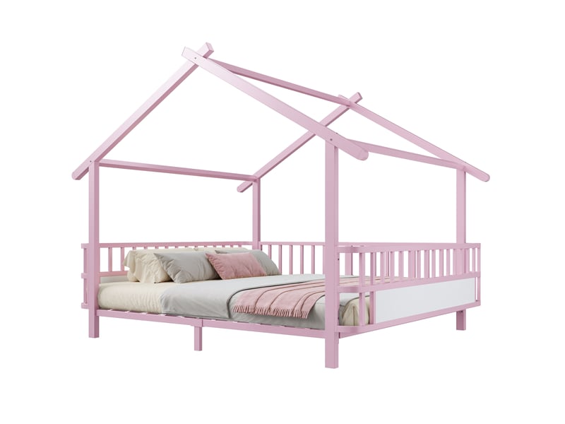  Lit enfant maison 140x200 cm, lit cabane, barrières sécurité, chambre, style contemporain, métal, rose, sans matelas  - Conforama A