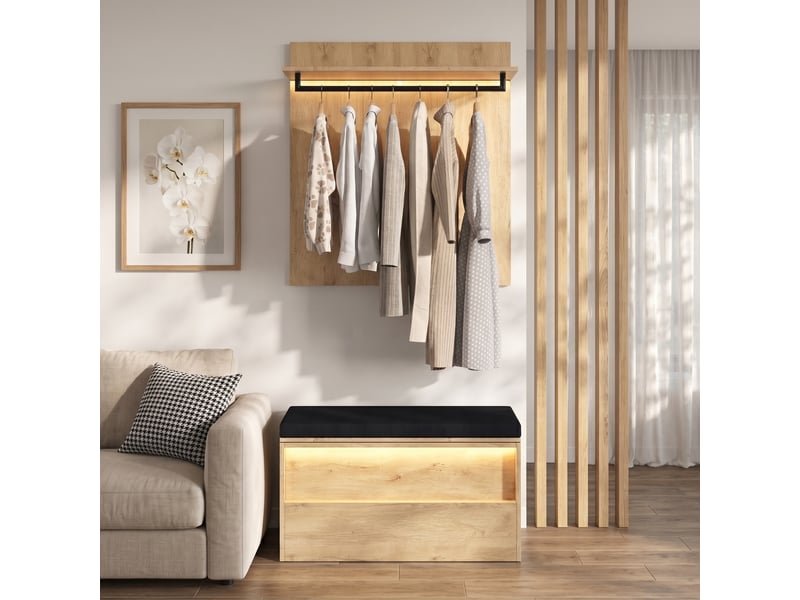  Ensemble banc à chaussures et portant mural, avec 2 éclairages led, 1 coussin, 1 tringle à vêtements, 90 x 47 x 145 cm, coloris anthracite et chêne  - Conforama B