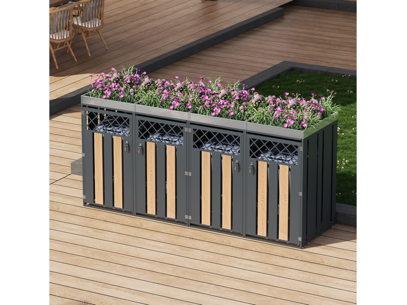 Abri de poubelles à 4 compartiments verrouillables en acier galvanisé, jardinière intégrée gris bois - Conforama E