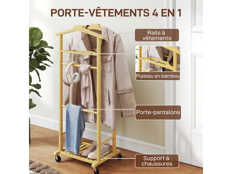  Portant à vêtements sur roulettes, porte-manteaux en bambou, 47 x 33,7 x 105,5 cm, double cintre intégré, bois naturel  - Conforama A