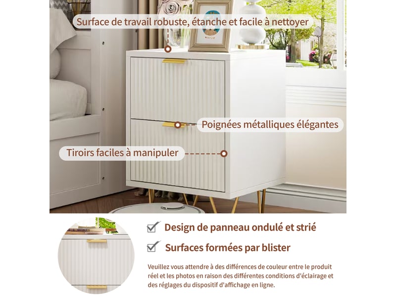  Lot de 2 tables de chevet blanches à 2 tiroirs, design à panneaux ondulés, poignées métalliques dorées, pieds en métal doré  - Conforama R