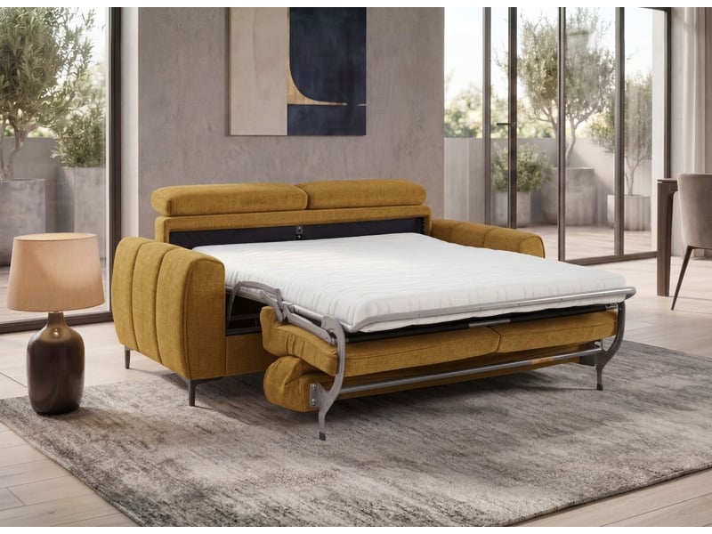 Canapé convertible express 3 places en velours texturé moutarde caleb KF8571E-3-MOUT - Conforama C
