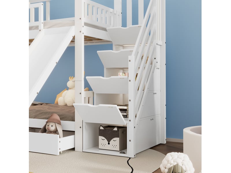  Lit superposé enfant 90x200 cm – blanc – toboggan intégré, escalier de rangement et tiroir – sans matelas  - Conforama E