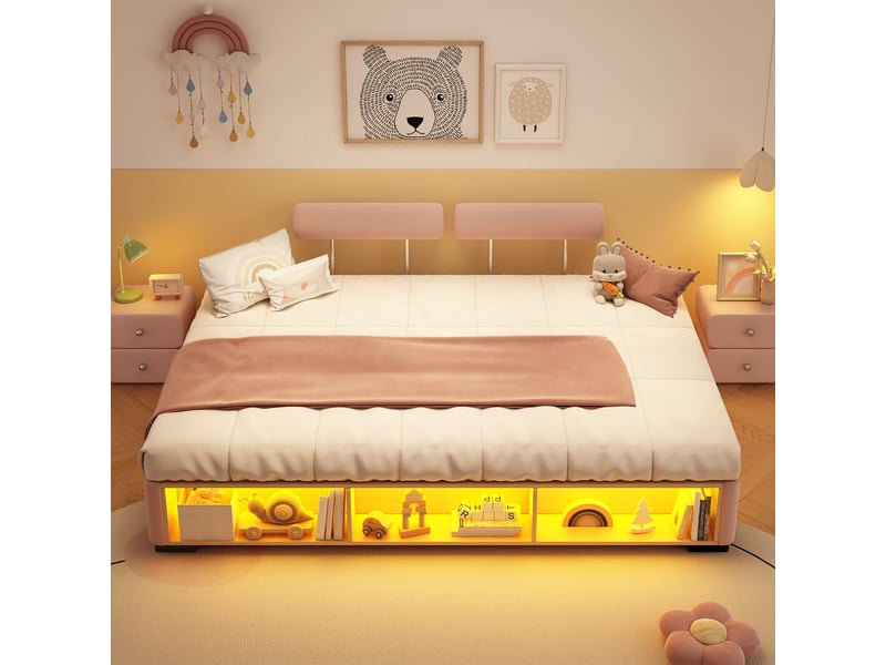  Lit enfant capitonné rose 140x200 cm, étagère led, rangement ouvert et têtes réglables  - Conforama C