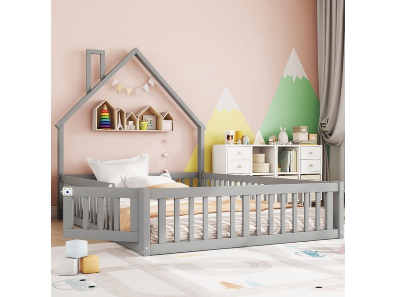 Lit enfant 140 x 190 cm gris avec forme de cheminée et sommier à lattes - Conforama C