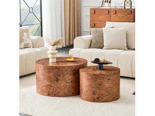 Tables basses gigognes rondes avec rangement intérieur et couvercle amovible aspect bois marron en mdf pour salon
