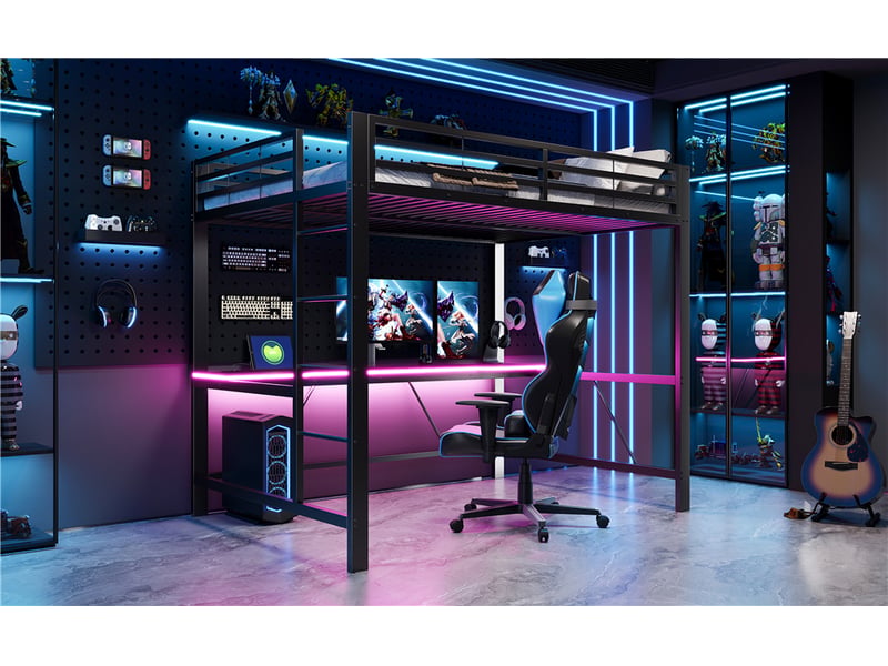  Lit mezzanine double 140×200 cm avec bureau, led et usb  - sans matelas, métal et mdf noir  - Conforama E