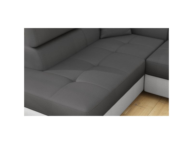  Canapé d'angle convertible menton gris et blanc bouclette – angle gauche avec coffre  - Conforama E