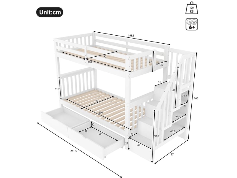 Lit superposé blanc pour enfant 90x200 cm avec escalier de rangement, deux tiroirs pratiques et barrières hautes de sécurité - Conforama C