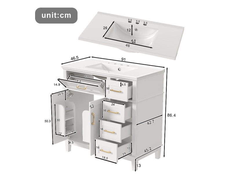  Meuble salle de bain sur pied blanc laqué 90 cm avec vasque en céramique intégrée et poignées dorées  - Conforama E