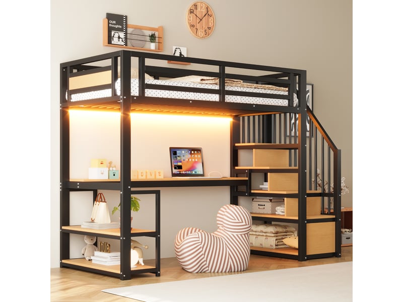  Lit mezzanine 90 x 200 cm, avec led, prise, échelle, étagères, table, barrière, fer, noir  - Conforama C