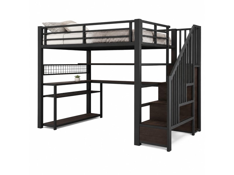  Lit mezzanine 90 × 200 cm avec bureau, armoire, étagères, escalier de rangement et éclairage led, noir, chambre  - Conforama A