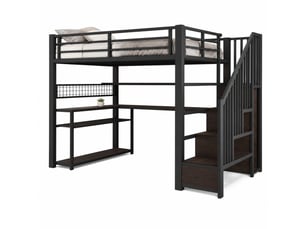 Lit mezzanine 90 × 200 cm avec bureau, armoire, étagères, escalier de rangement et éclairage led, noir, chambre