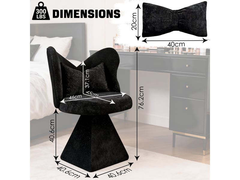  Chaise pivotante 45x46x76,2 cm 360° sans accoudoirs base triangulaire assise confort et doux chenille noir  - Conforama C