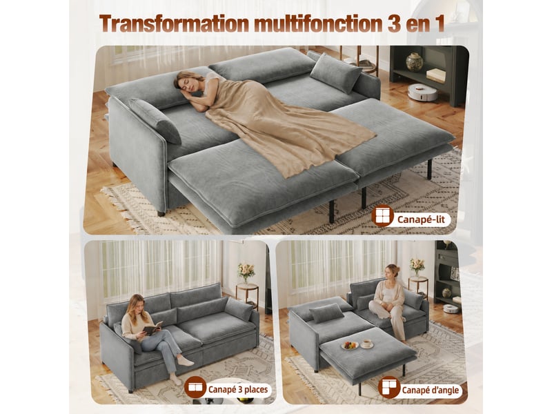  Canapé convertible 3 places 206 x 91 x 86 cm en chenille, 3-en-1 avec coffre, dossier réglable et coussins mobiles, gris clair  - Conforama D