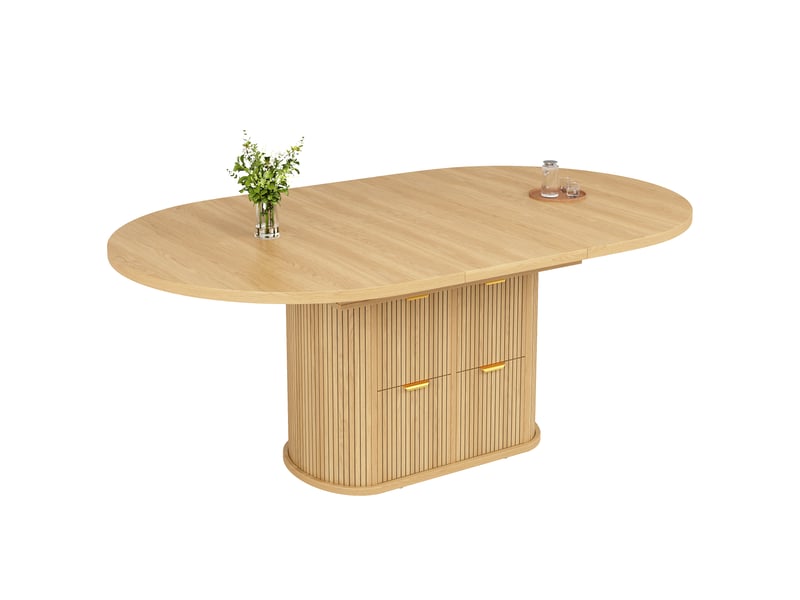  Table de salle à manger ovale extensible 118158x118x76.8 cm pour 4 à 6 personnes, 2 tiroirs, rangements rabattables, rayures en relief - chêne clair  - Conforama A