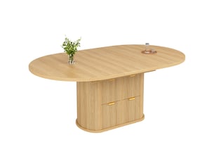 Table de salle à manger ovale extensible 118158x118x76.8 cm pour 4 à 6 personnes, 2 tiroirs, rangements rabattables, rayures en relief - chêne clair