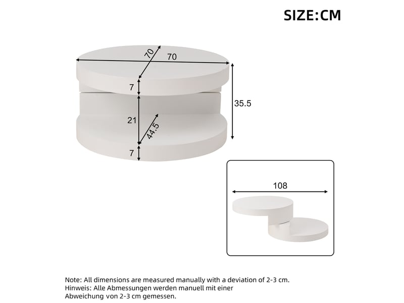  Table basse ronde mdf à plateau rotatif 360° avec led, 70 x 70 x 35,5 cm, blanc  - Conforama E