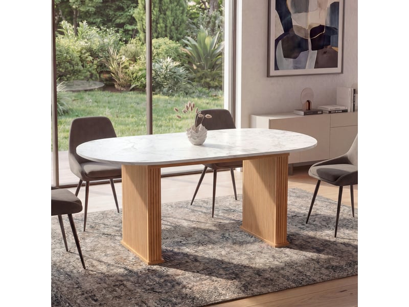 Table à manger extensible ovale juliette 6-10 personnes pieds effet lattes et plateau effet marbre alaska 160-200 cm  - Conforama D