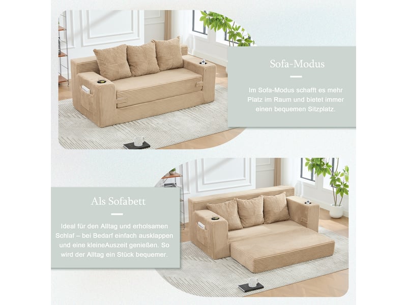 Canapé 3 places en velours côtelé, sans montage, design modulaire, porte-gobelets, rangements latéraux, 172×87×64 cm - Conforama R