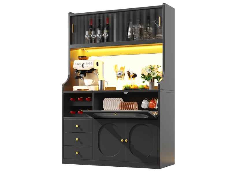  Buffet haut de cuisine design avec 4 portes et 3 tiroirs, 120 × 40 × 180 cm, noir  - Conforama A