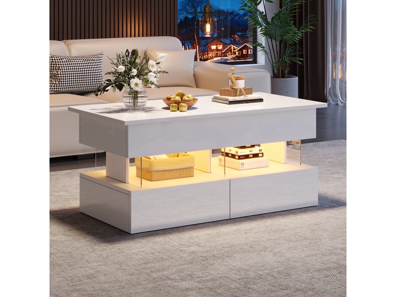 Table basse relevable blanche 100x50x46 cm avec rangement caché et 2 tiroirs, éclairage led bluetooth  - Conforama D