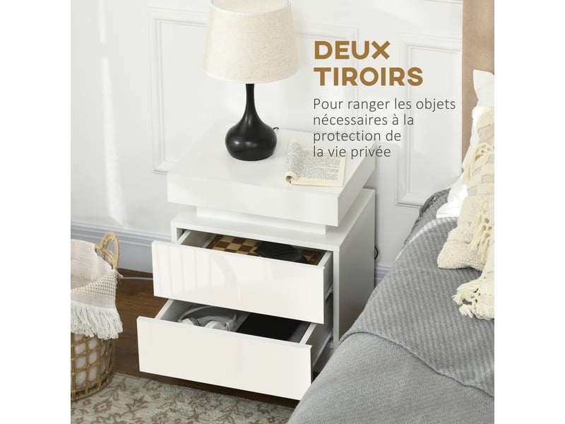  Table de chevet table de nuit lumière led rvb panneau haute brillance avec 2 tiroirs pour chambre salon à coucher blanc  - Conforama R