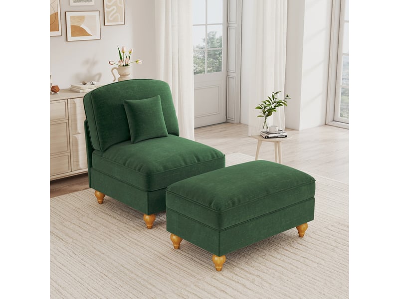 Fauteuil avec pouf dossier segmenté et jupe à volants amovible  - coussin mobile chenille vert  - Conforama C