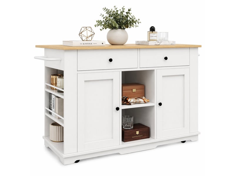  Îlot de cuisine avec plateau rabattable et prises intégrées - lpospi - 2 tiroirs, 6 rangements, mdf blanc et naturel  - Conforama A