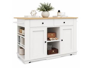 Îlot de cuisine avec plateau rabattable et prises intégrées - 2 tiroirs, 6 rangements, mdf blanc et naturel