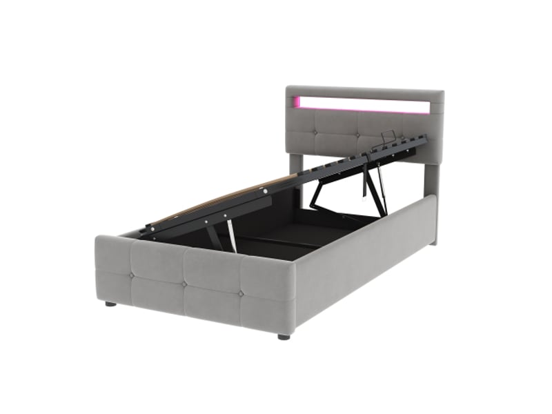  Lit enfant 90x200cm,lit coffre en velours avec lumière led et tête de lit réglable en hauteur,ouvrant d'un côté,gris lit enfant gris - Conforama E