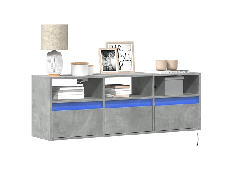  Meuble tv - banc tv - meuble de rangement mural avec lumières led gris béton 130x31x45 cm  - Conforama B