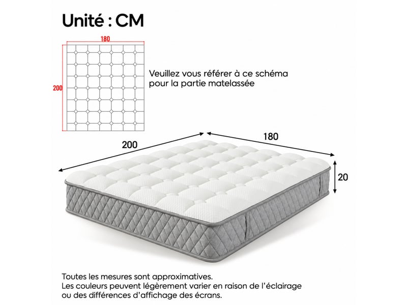 Matelas 180 x 200 cm, ressorts ensachés + mousse, 7 zones, soutien ferme h3, épaisseur 20 cm, certifié oeko-tex, blanc - Conforama C