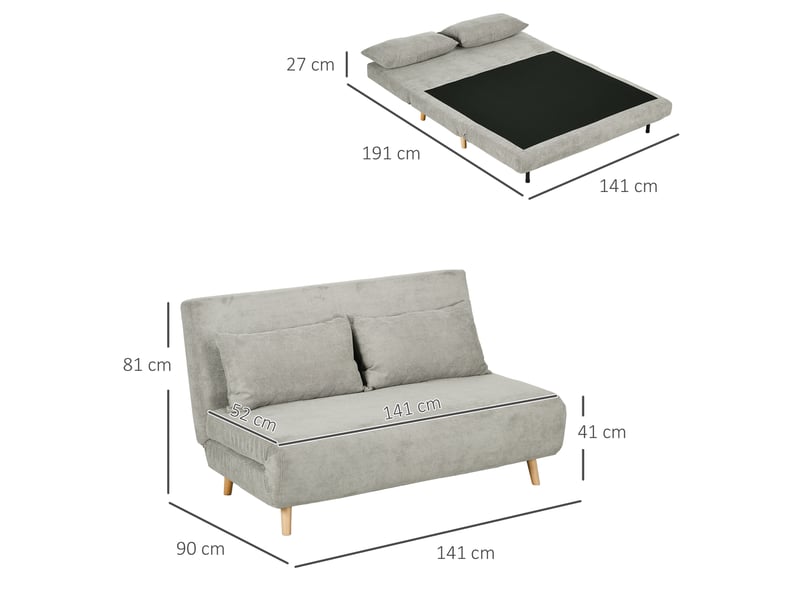  Canapé convertible 2 places dossier réglable 3 positions  - couchage 191 cm polyester gris, 141 × 90 × 81 cm  - Conforama D