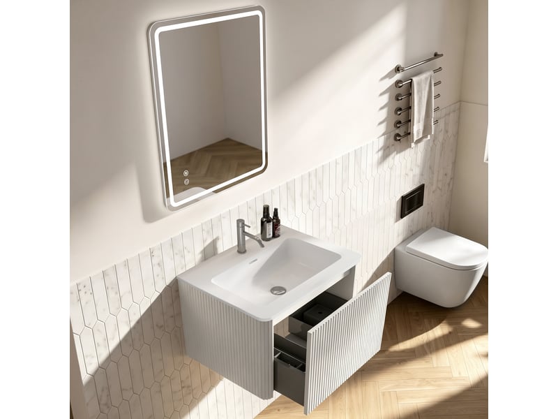  Meuble sous vasque avec miroir led, meuble suspendu à 1 tiroir, vasque intégrée, salle de bain, blanc  - Conforama C