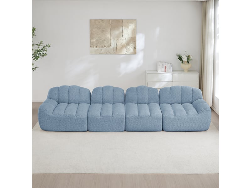 Canapé modulaire 4 places bleu en tissu bouclette, assise profonde et forme coquillage pour le salon  - Conforama E