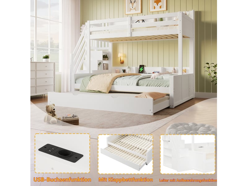 Lit superposé 90 × 200 cm avec lit double 140 × 200 cm, lit gigogne, escalier de rangement et usb pour chambre - Conforama E