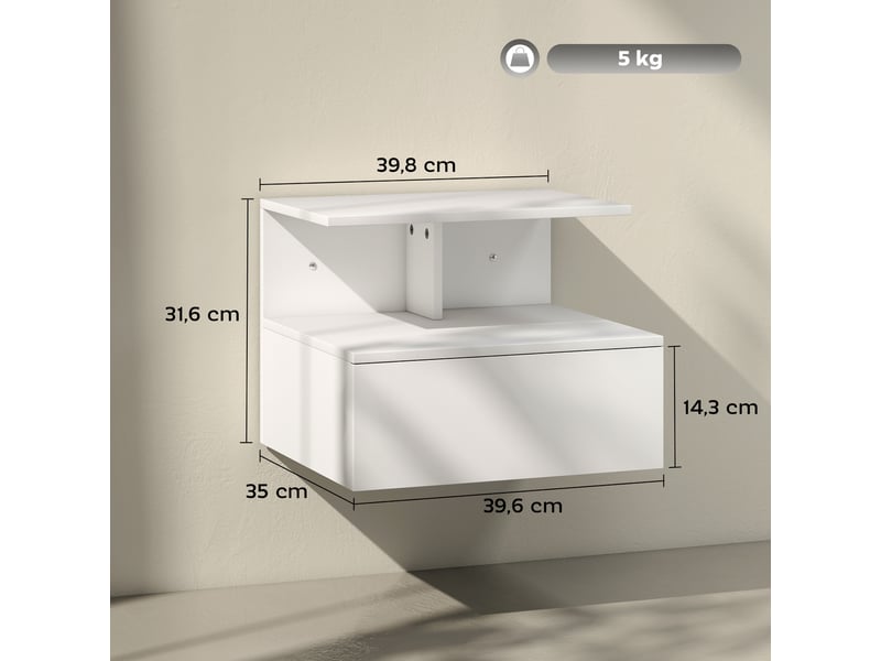  Table de chevet suspendue avec tiroir, compartiment ouvert, blanche, 39,8 x 35 x 31,6 cm  - Conforama E