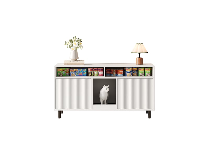  Meuble cache-litière blanc avec rangement, tapis de sortie et portes rainurées, 120x50x66 cm  - Conforama A