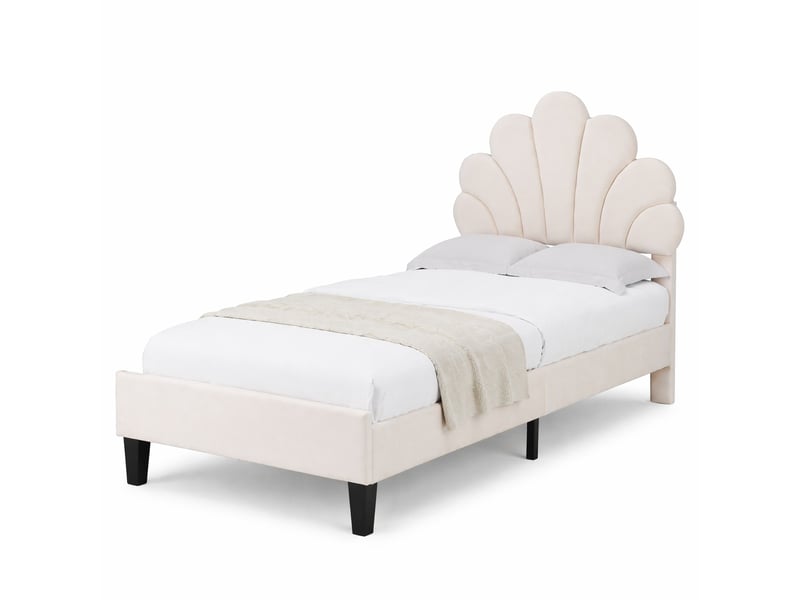  Lit enfant rembourré 90x200 cm en velours, lit simple avec dossier fleuri et 12 lattes, sans matelas, beige  - Conforama A
