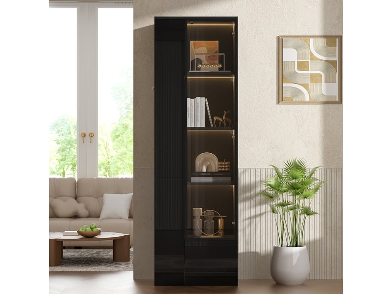 Vitrine noire 50x35x160 cm avec porte en verre, éclairage led, finition brillante, tiroir et étagères ouvertes, meuble rangement salon salle à manger - Conforama C