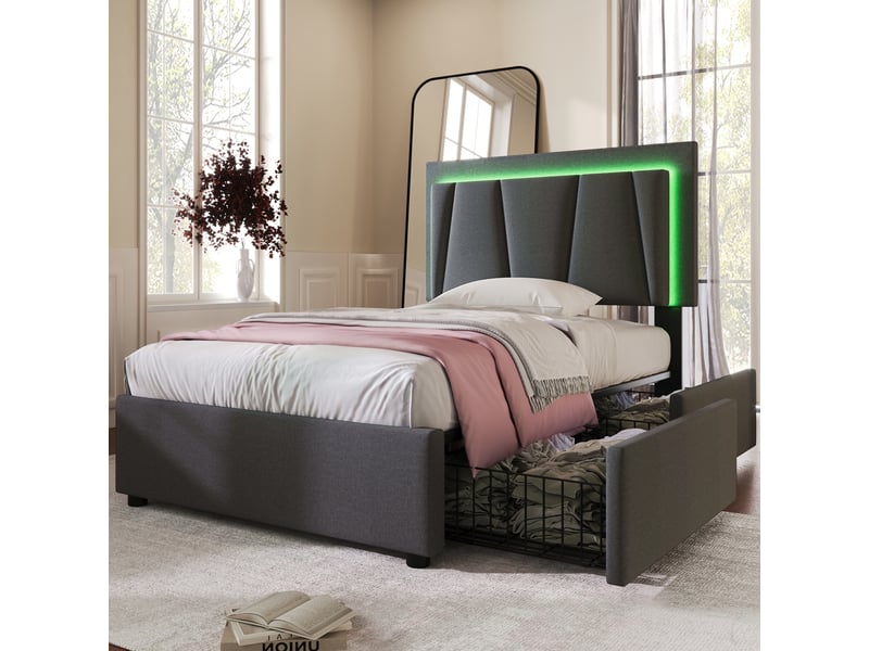  Lit capitonné simple 90x200 cm en bois gris, éclairage led, deux tiroirs, tête ajustable, livré sans matelas  - Conforama D